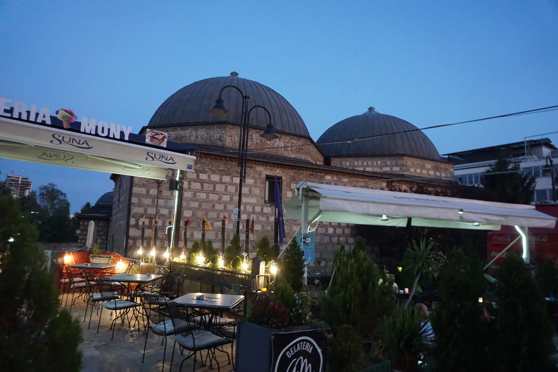 Stone domes and exterior of Daut Pasha Hamam in Skopje Old Bazaar