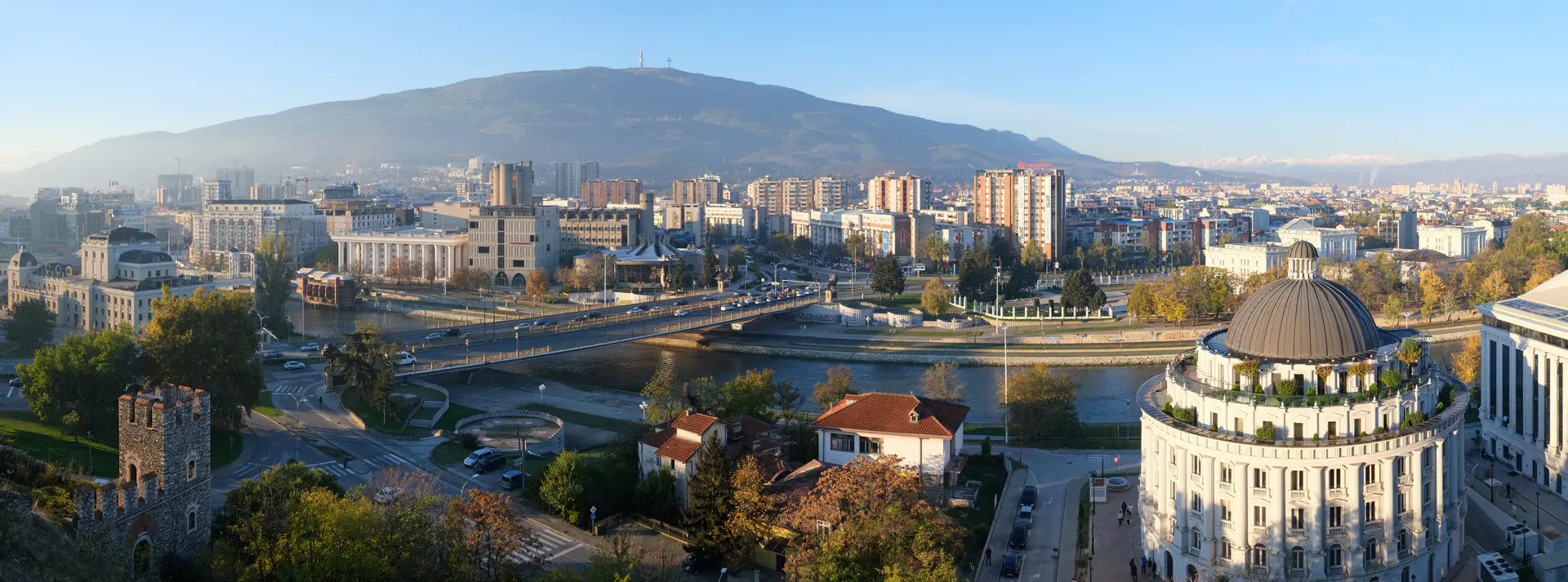 Panoramic view over central Skopje from Kale Fortress with the Vardar river