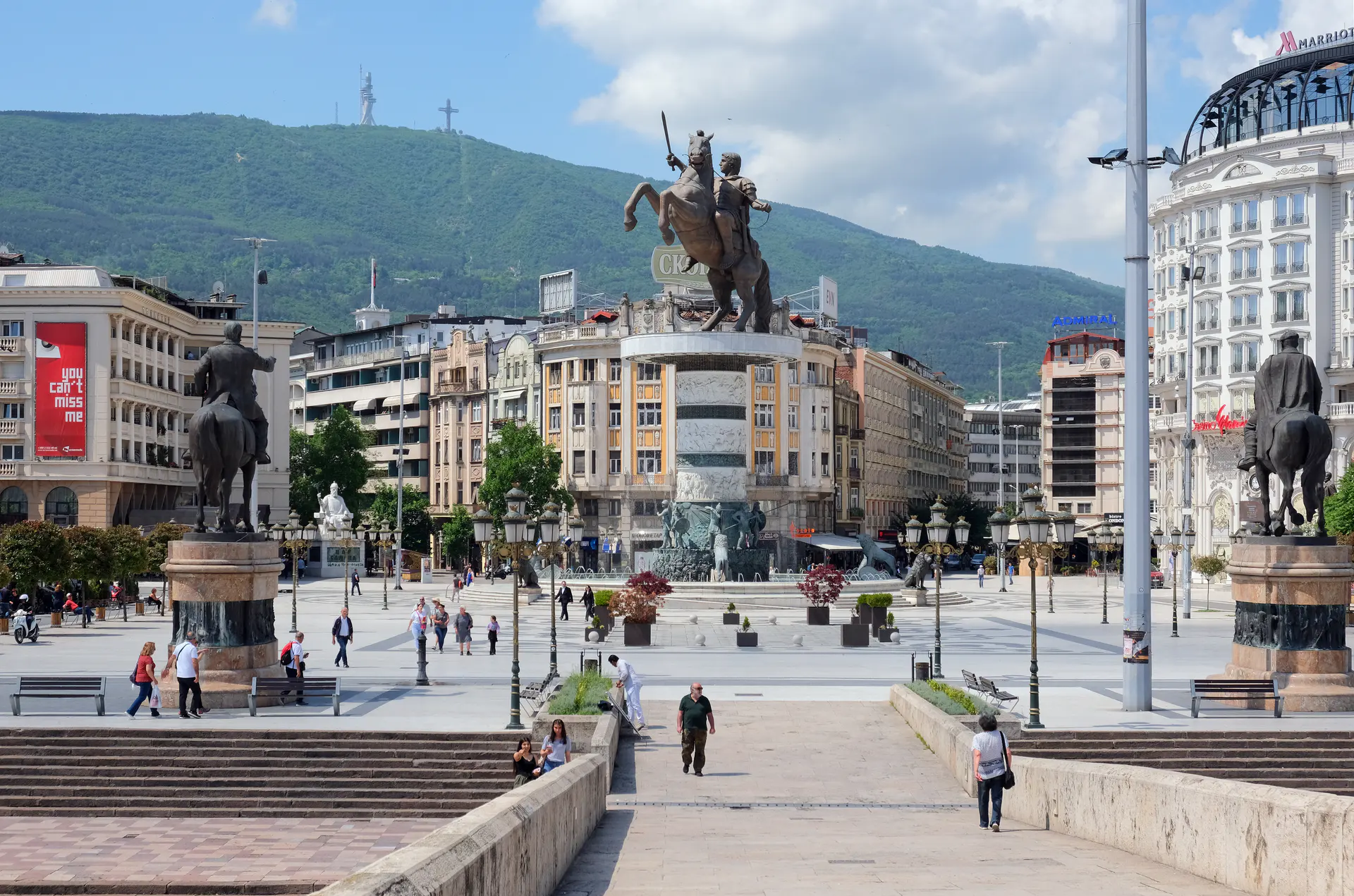 Macedonia Square in central Skopje seen from the Stone Bridge