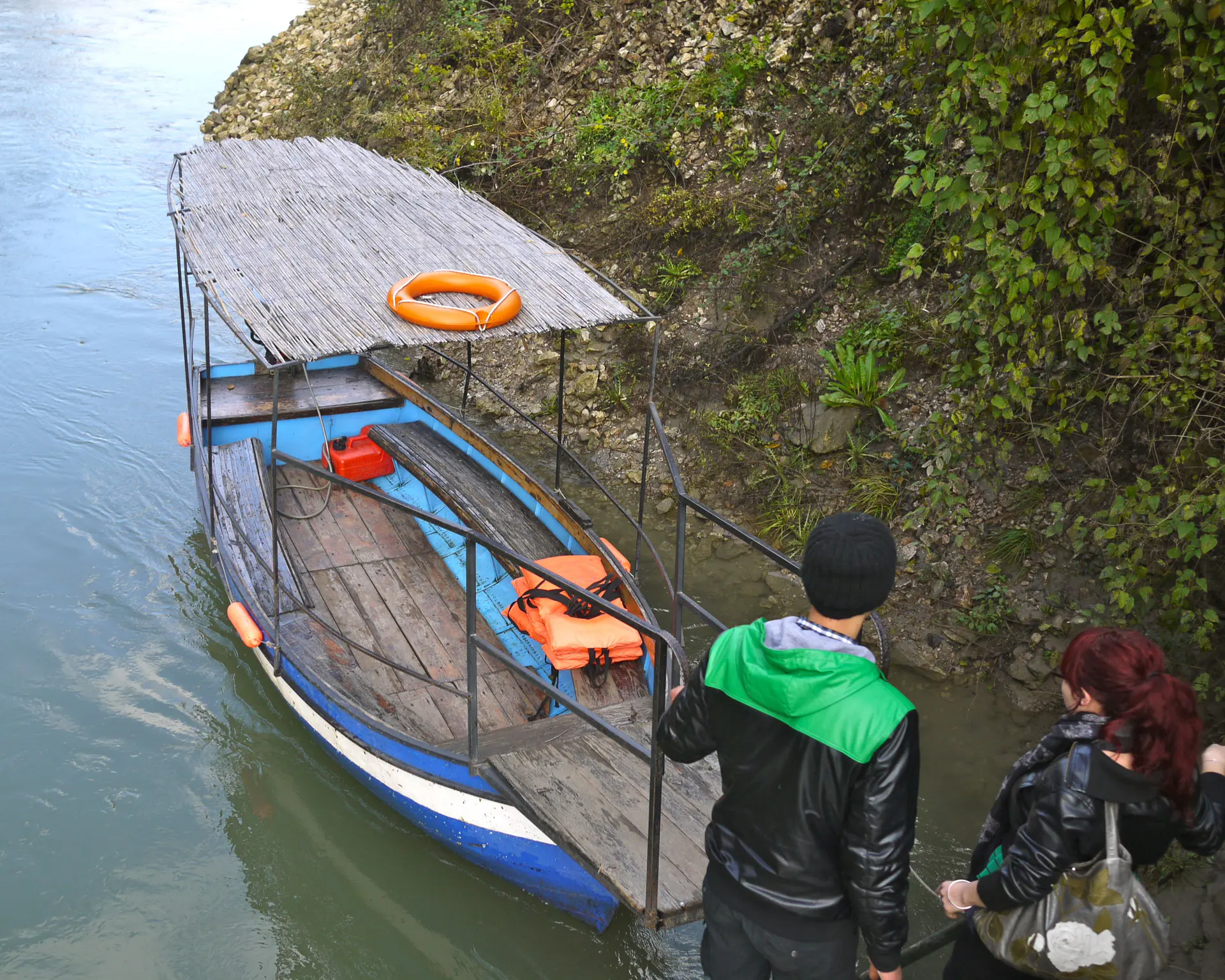 Passenger boat at a small landing inside Matka Canyon