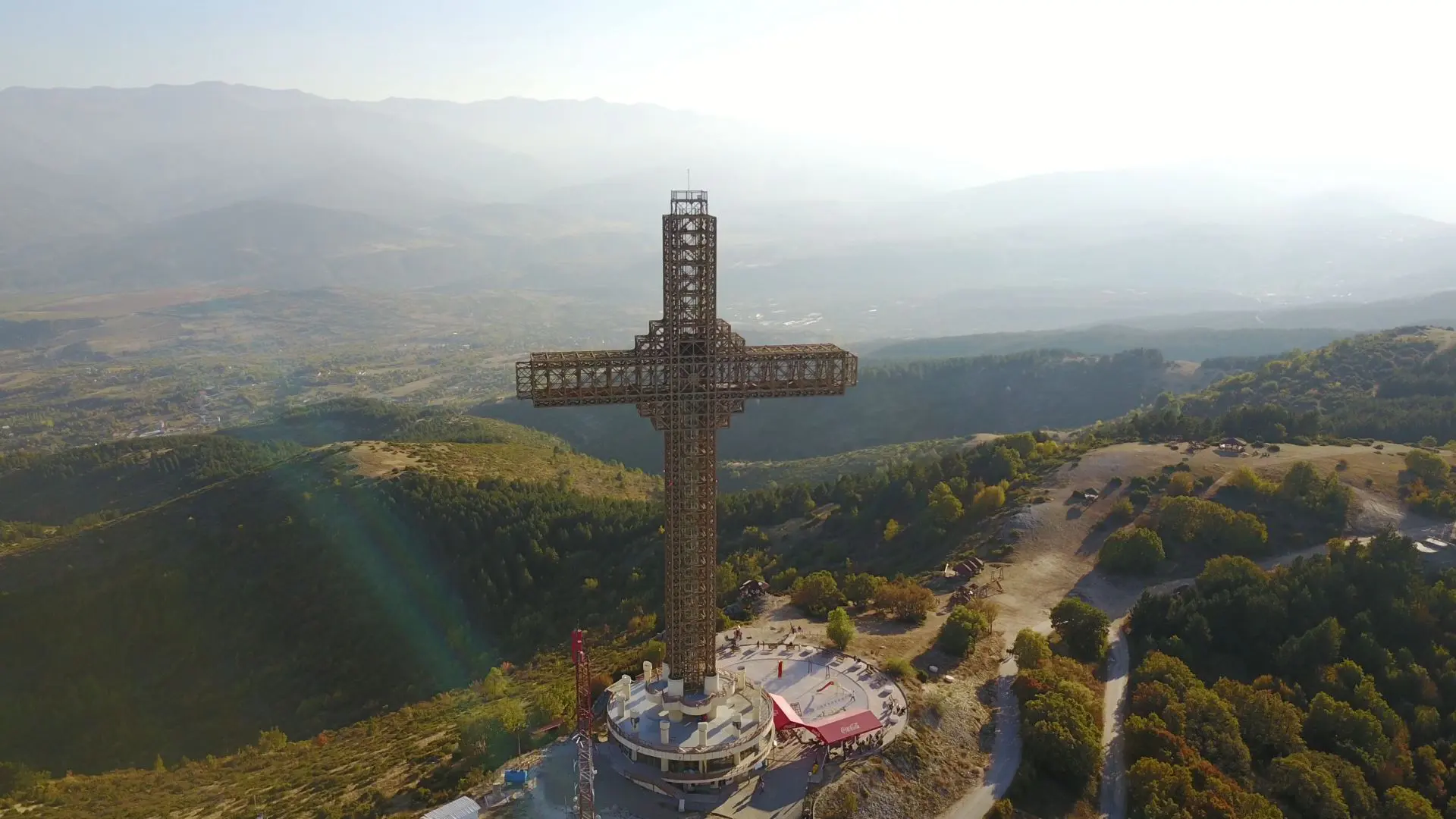 Aerial view of the 66-metre Millennium Cross on Mount Vodno above Skopje