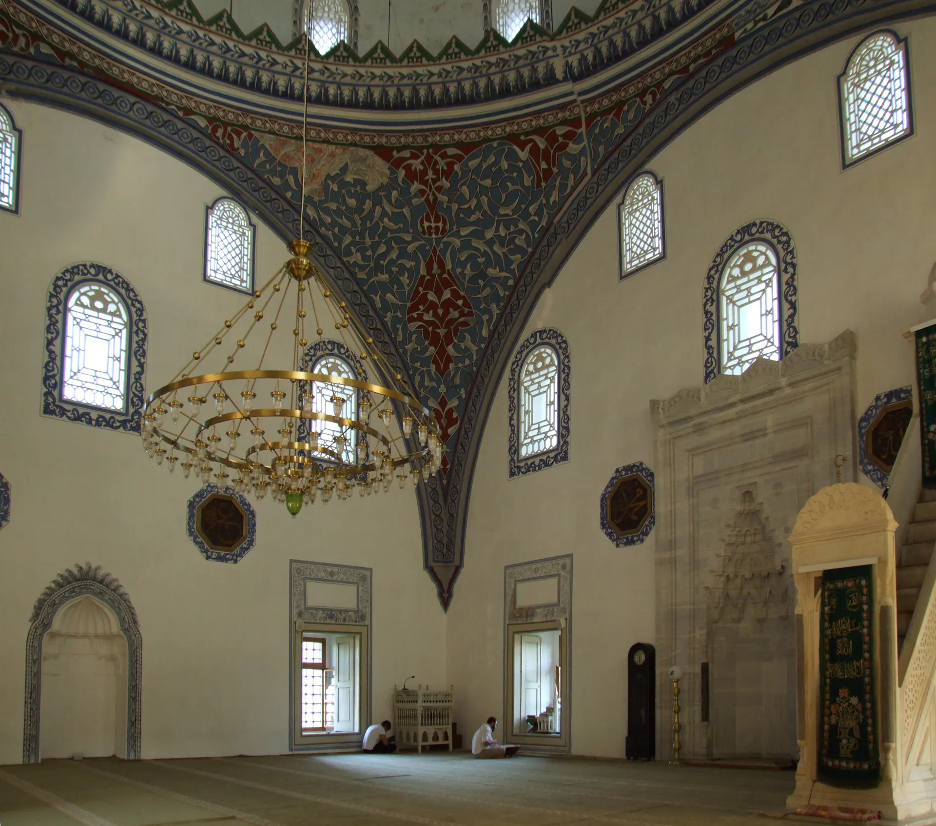 Decorated arches and chandelier inside Mustafa Pasha Mosque in Skopje