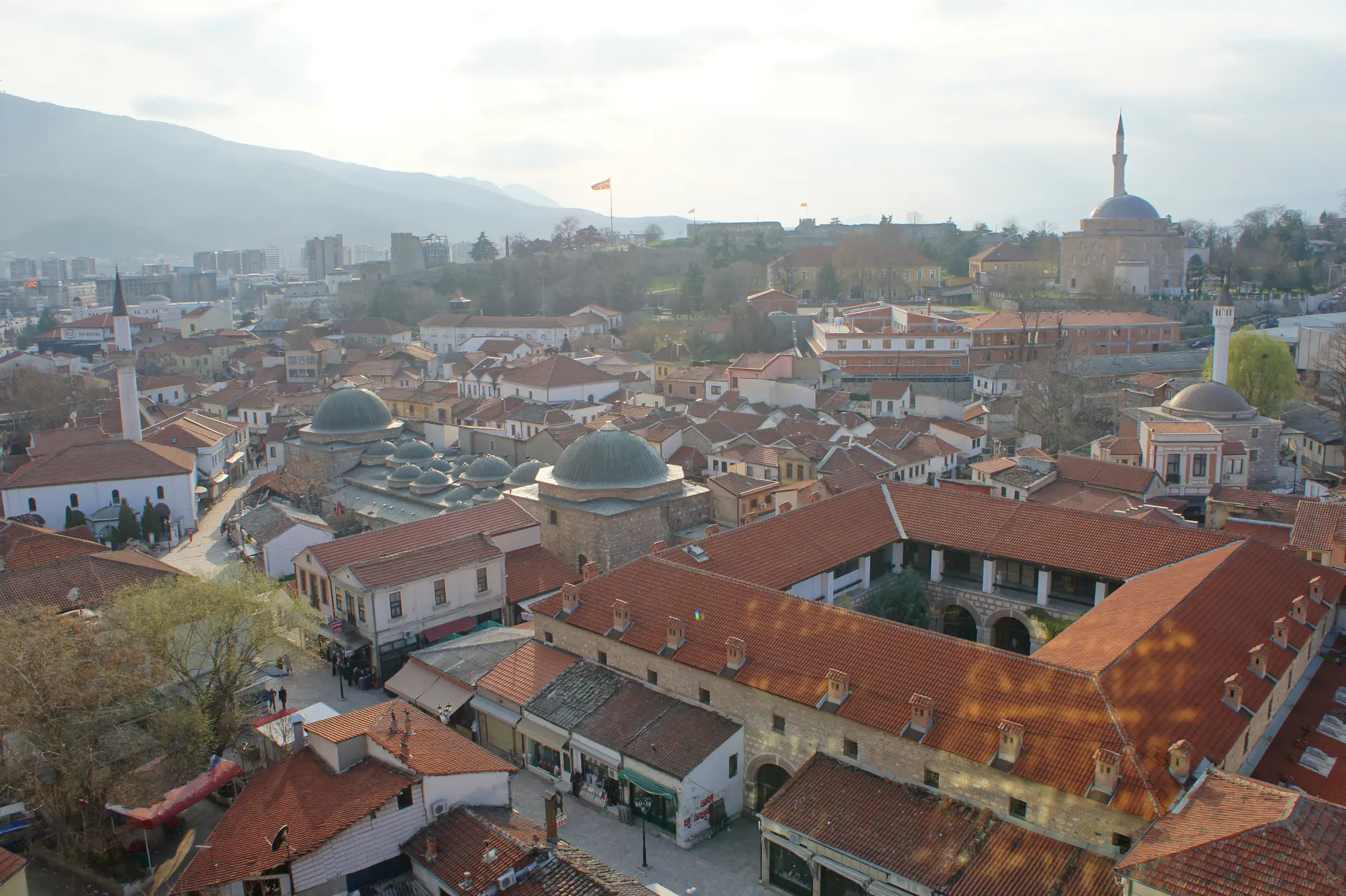 Rooftops of the Old Bazaar (Stara Čaršija) in Skopje with Suli An visible