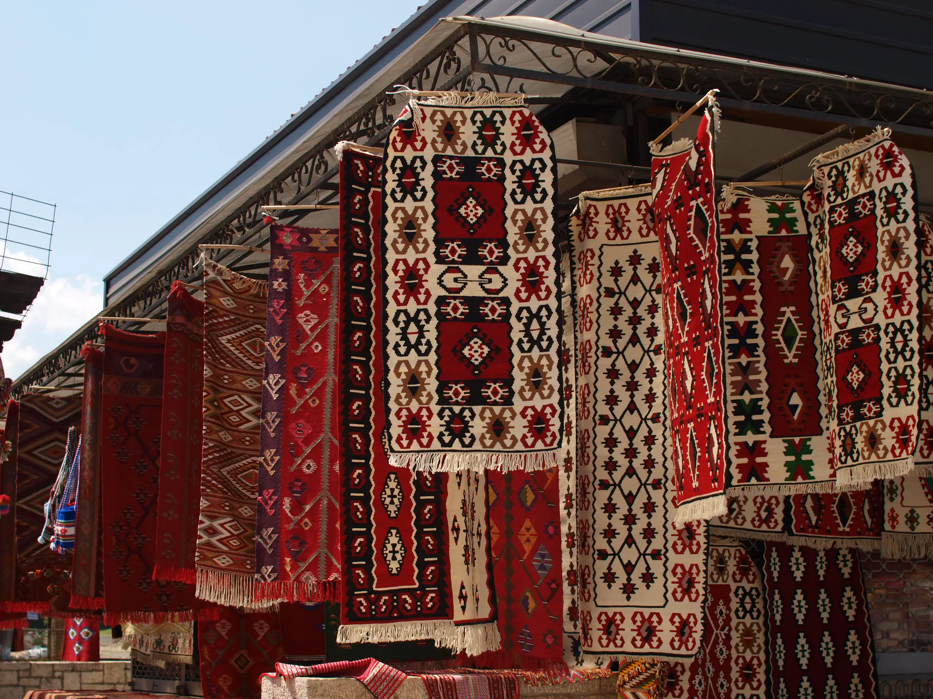 Traditional carpets displayed in the bazaar