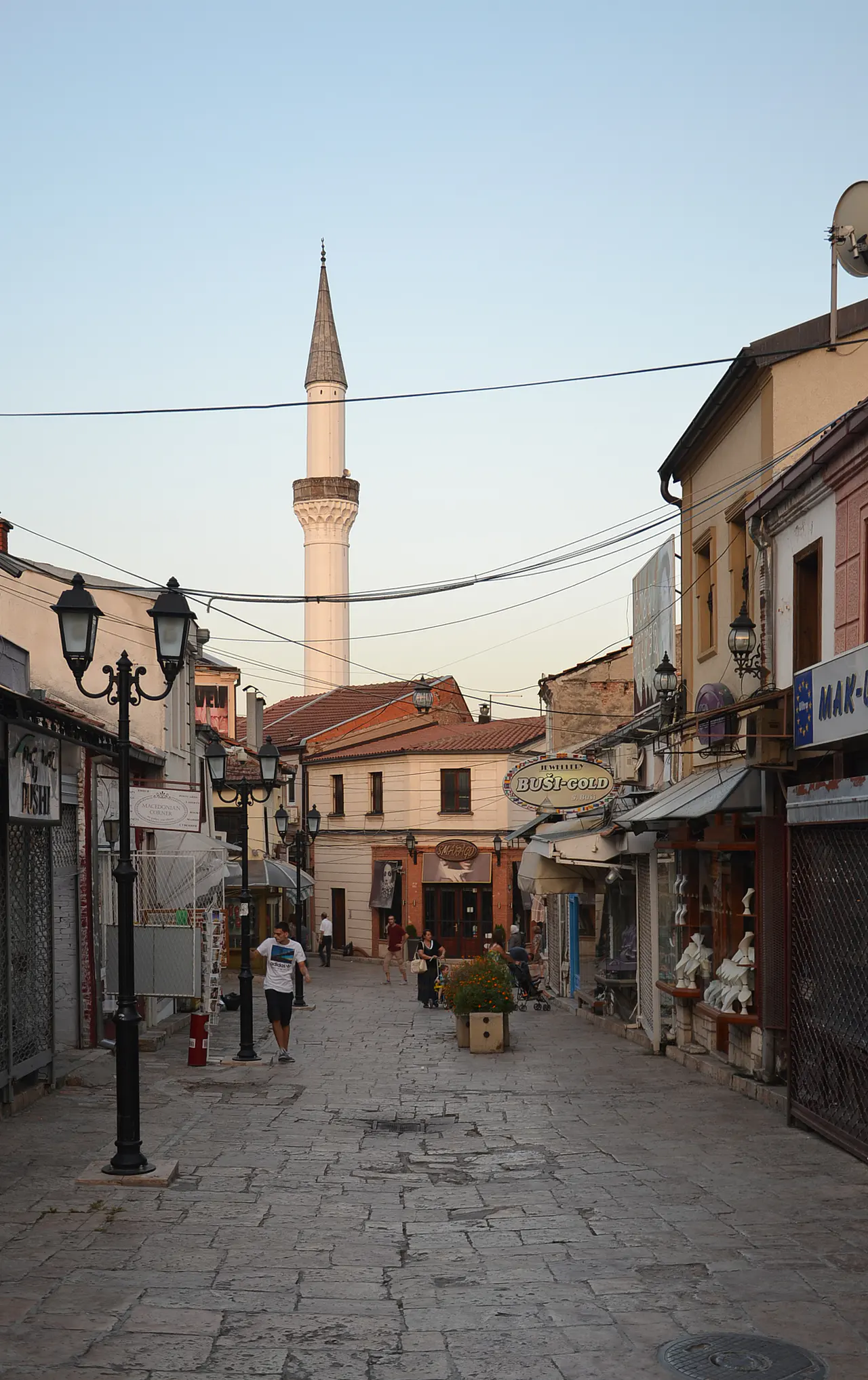 Traditional street and minaret in Skopje Old Town