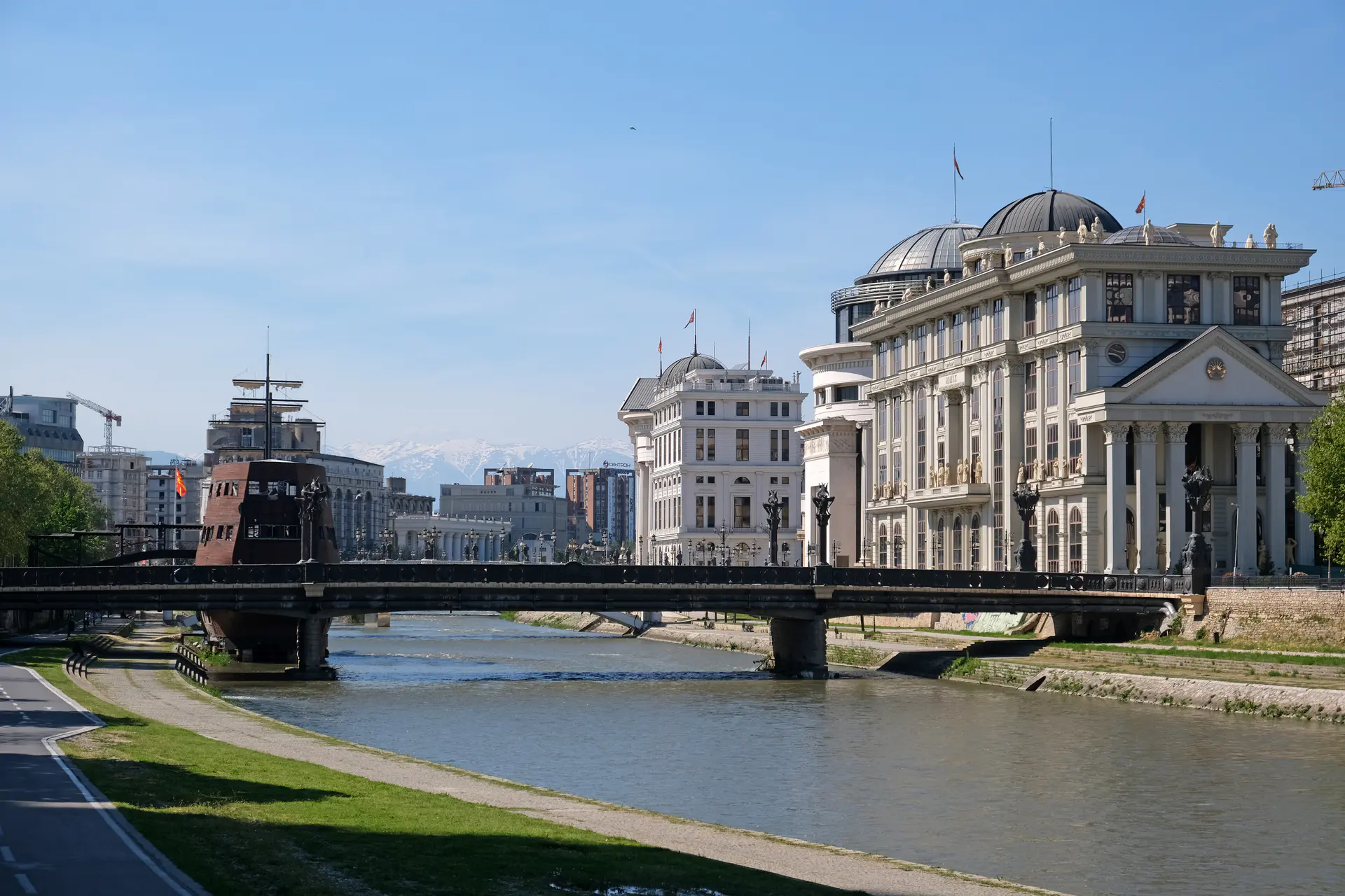 Vardar River promenade and bridges through central Skopje